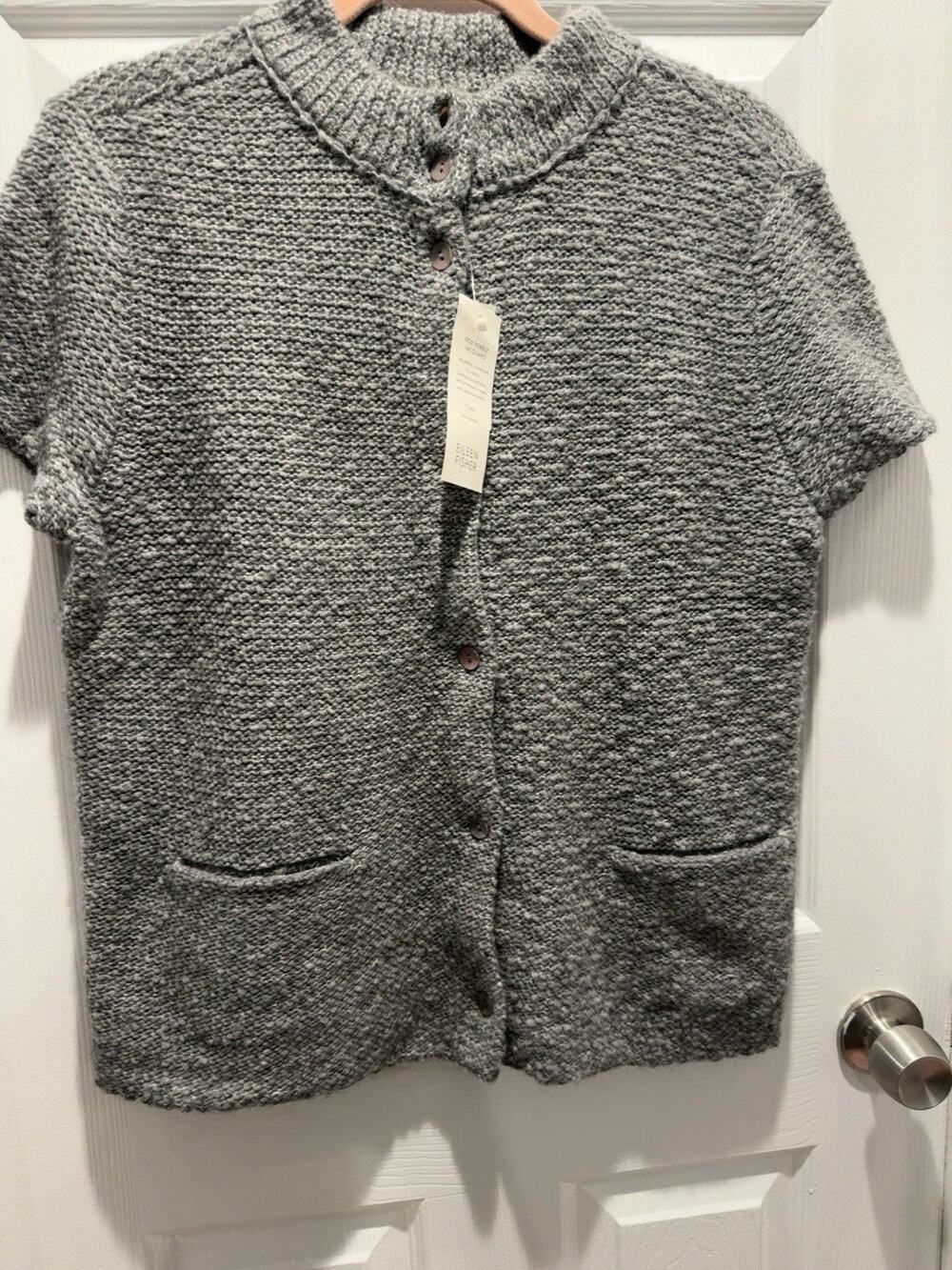 NWT Eileen Fisher Eco Pebble Jacquard Organic Wool Alpaca Cardigan L Gray